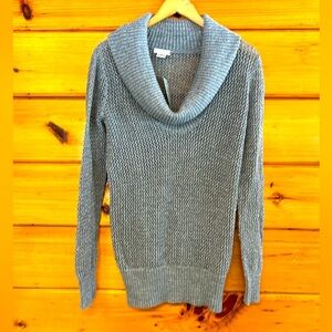 $118 NWT Cach’e Sparkly Grey Silver Shawl Neck Wide Stitches Cotton Sweater M
